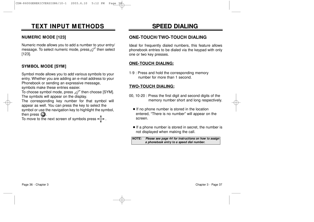 Audiovox CDM8600 owner manual Speed Dialing, ONE-TOUCH/TWO-TOUCH Dialing 