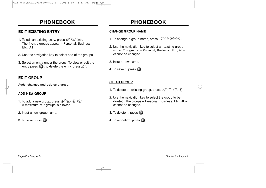 Audiovox CDM8600 owner manual Edit Existing Entry, Edit Group, ADD NEW Group, Change Group Name, Clear Group 