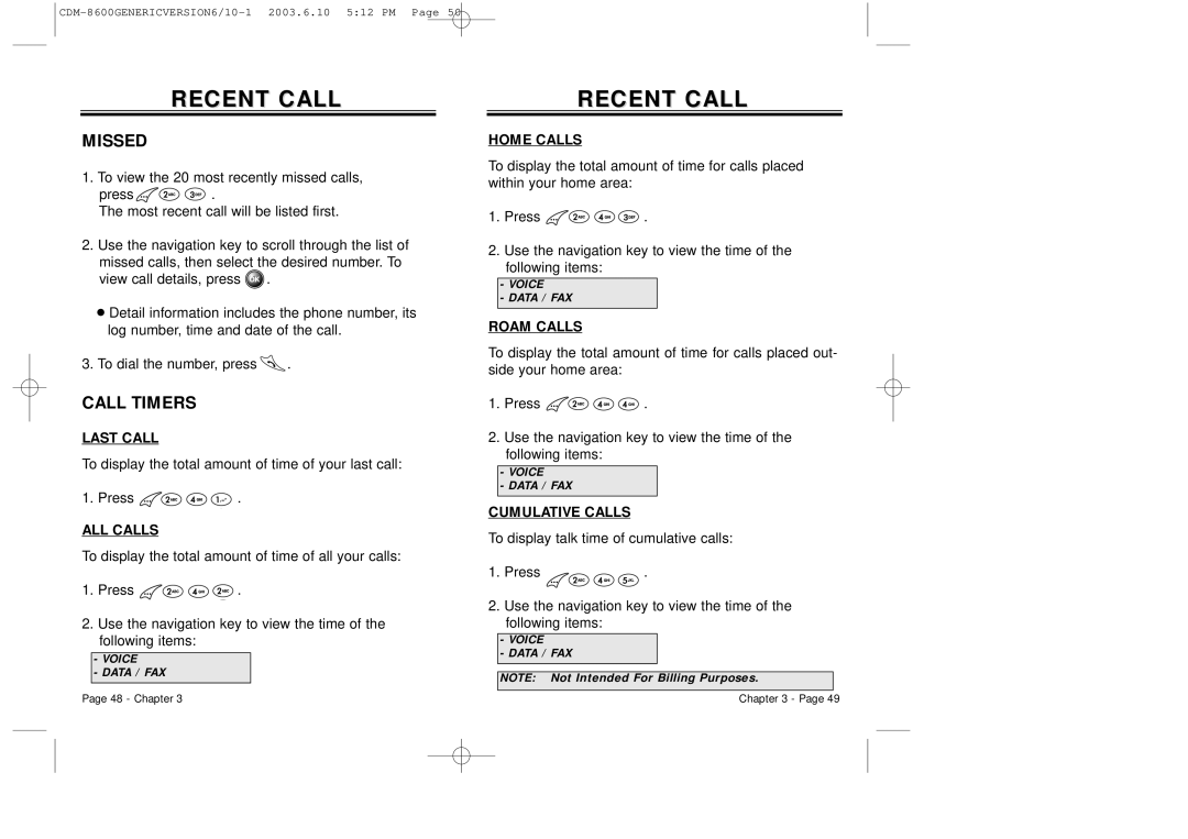 Audiovox CDM8600 owner manual Missed, Call Timers 