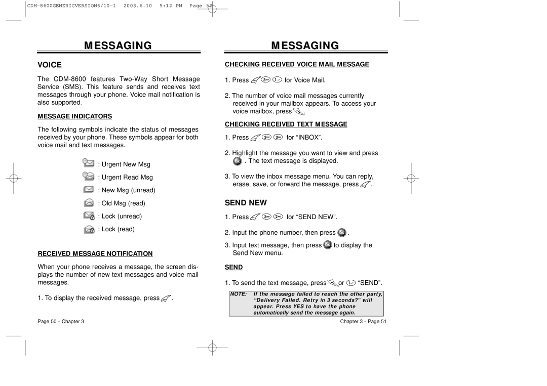 Audiovox CDM8600 owner manual Messaging, Voice, Send NEW 