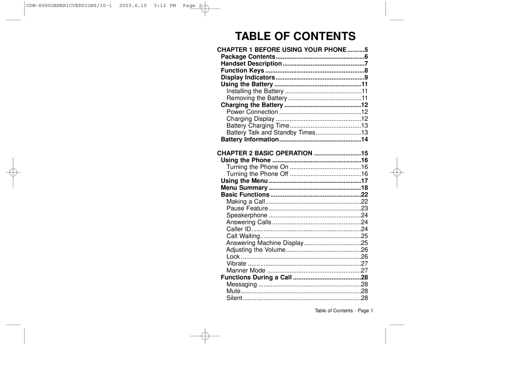 Audiovox CDM8600 owner manual Table of Contents 