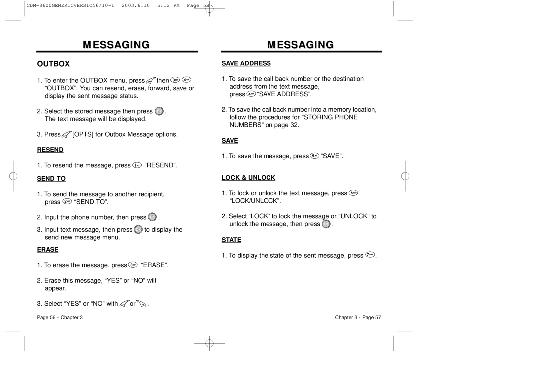 Audiovox CDM8600 owner manual Outbox, Resend, Send to, State 