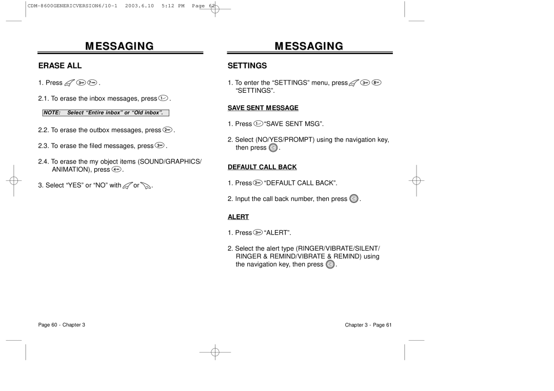 Audiovox CDM8600 owner manual Erase ALL, Settings, Save Sent Message, Default Call Back, Alert 