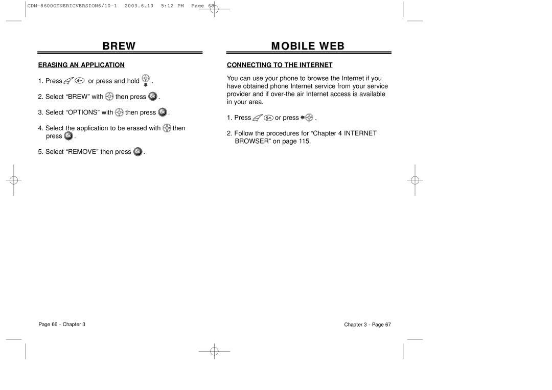 Audiovox CDM8600 owner manual Mobile WEB, Erasing AN Application, Connecting to the Internet 