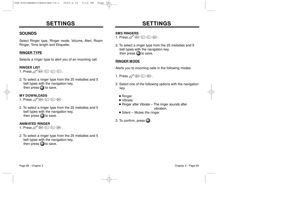 Audiovox CDM8600 owner manual Settings, Sounds, Ringer Type, Ringer Mode 