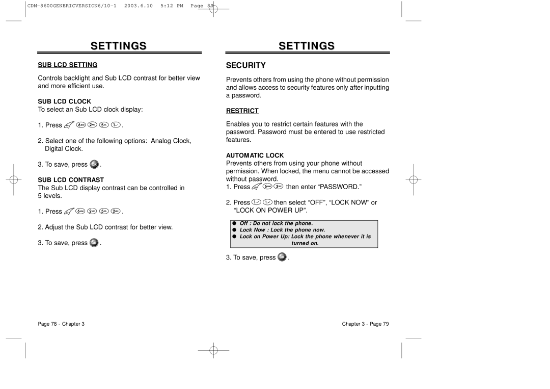 Audiovox CDM8600 owner manual Security, SUB LCD Setting, Restrict 