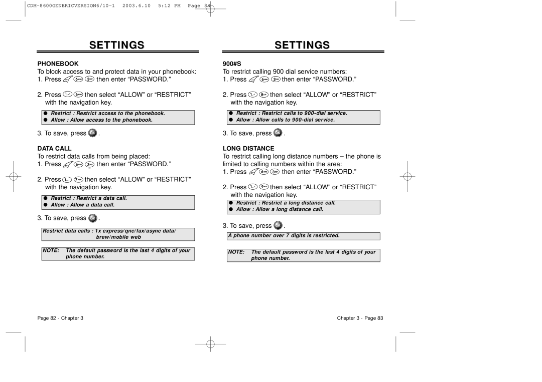 Audiovox CDM8600 owner manual Phonebook, Data Call, Long Distance 