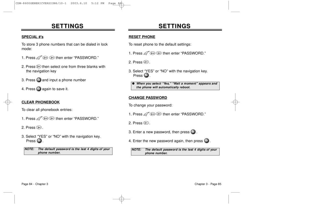 Audiovox CDM8600 owner manual Clear Phonebook, Reset Phone, Change Password 