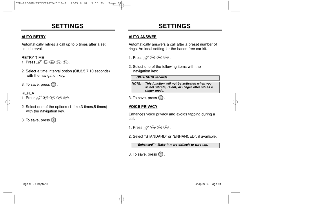 Audiovox CDM8600 owner manual Auto Retry, Retry Time, Repeat, Auto Answer, Voice Privacy 