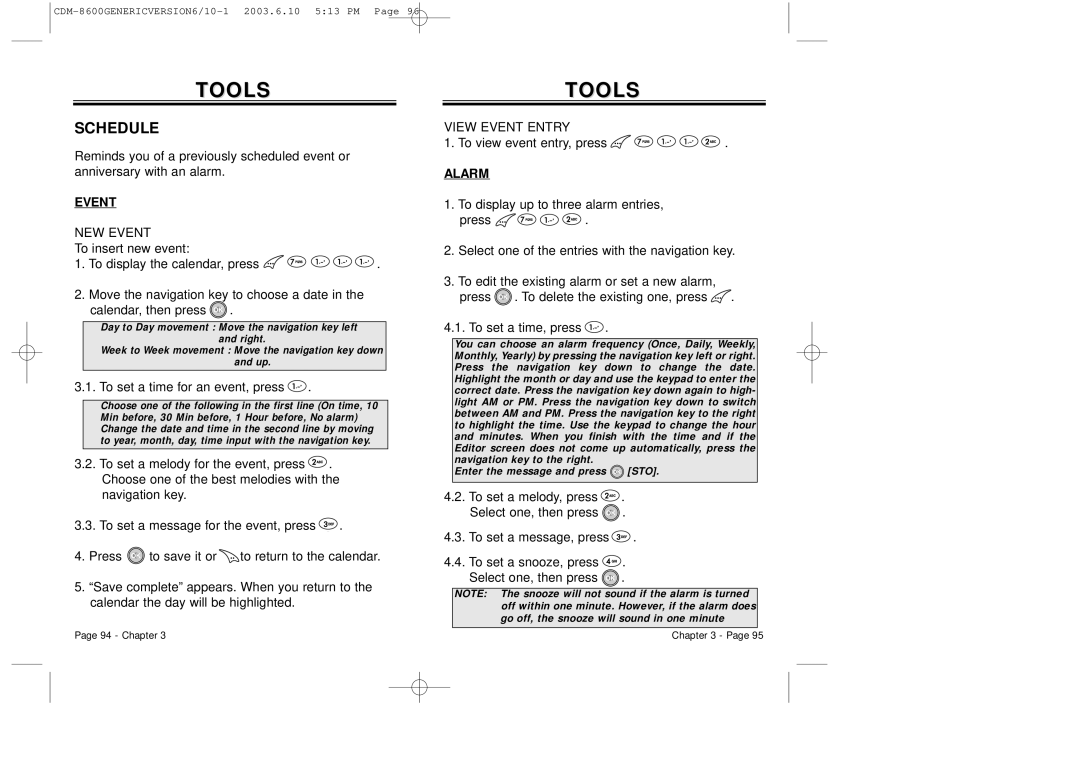 Audiovox CDM8600 owner manual Tools, Schedule, Event, Alarm 