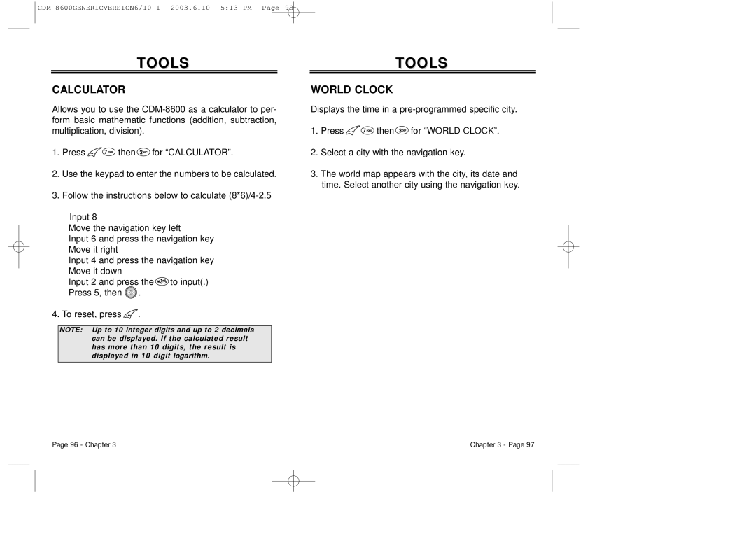 Audiovox CDM8600 owner manual Calculator, World Clock 