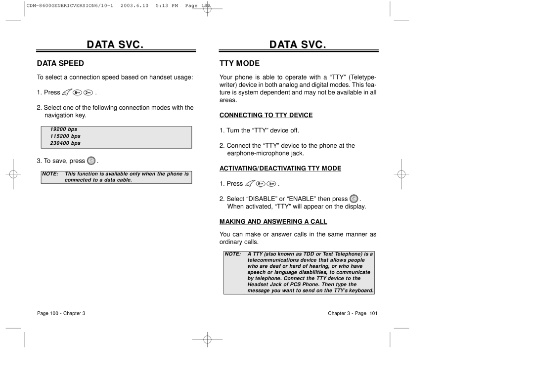 Audiovox CDM8600 Data Speed, Connecting to TTY Device, ACTIVATING/DEACTIVATING TTY Mode, Making and Answering a Call 