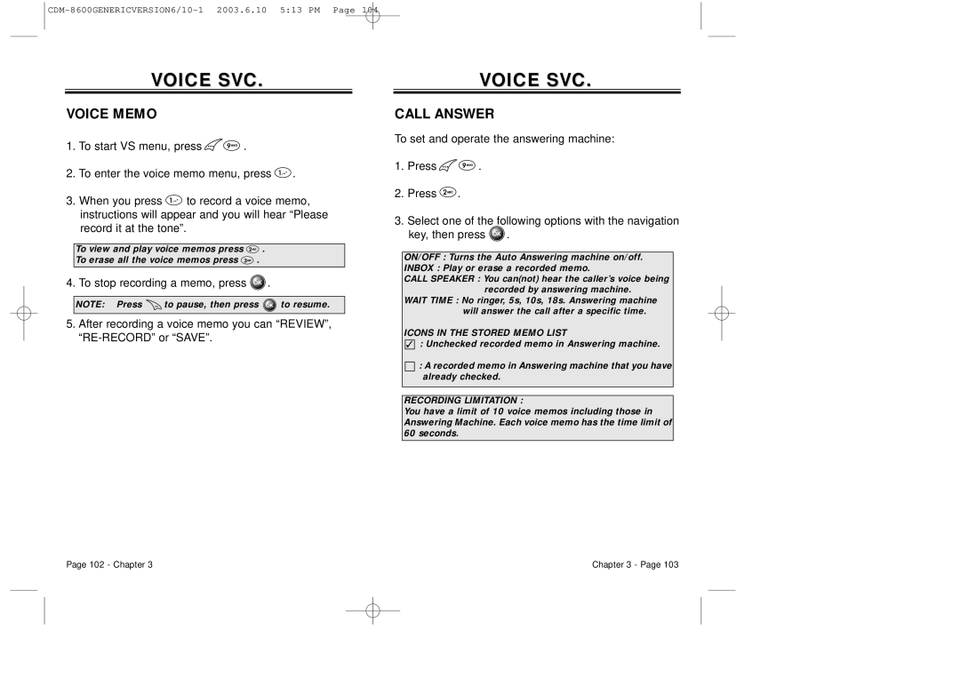 Audiovox CDM8600 owner manual Voice SVC, Voice Memo, Call Answer 