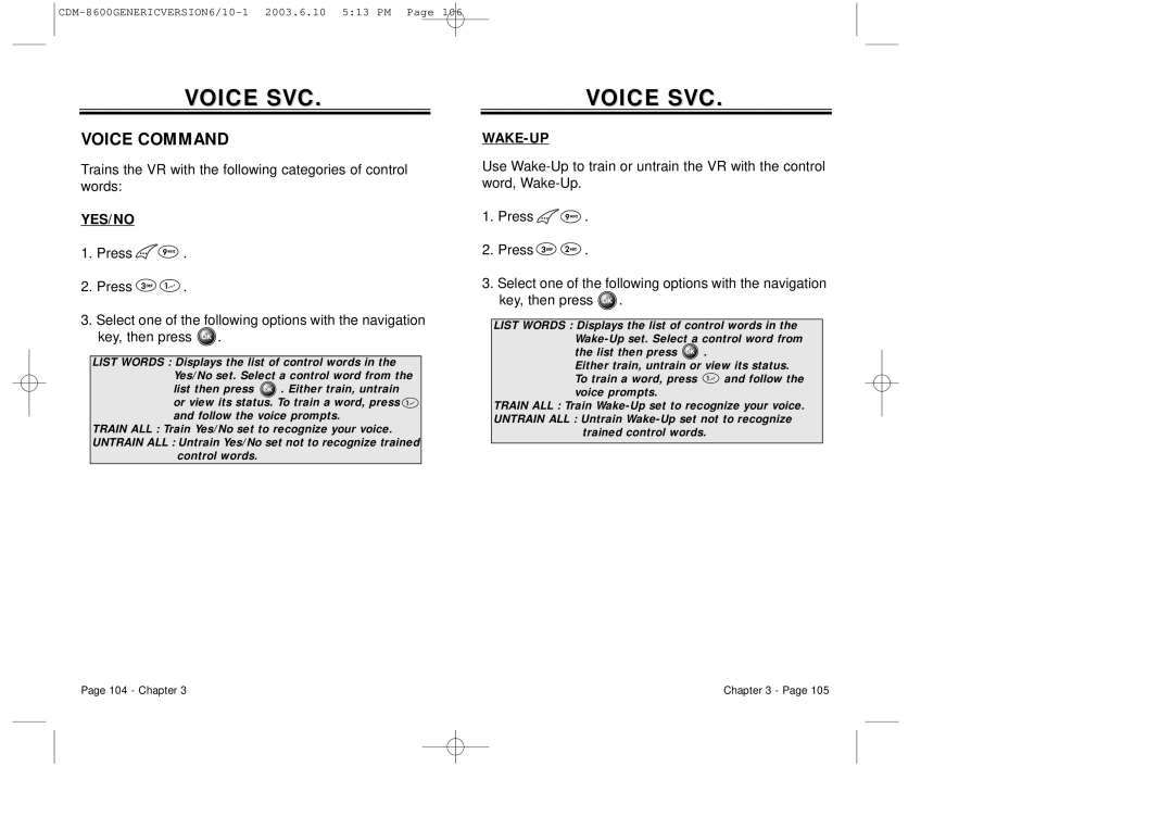 Audiovox CDM8600 owner manual Voice Command, Yes/No, Wake-Up 