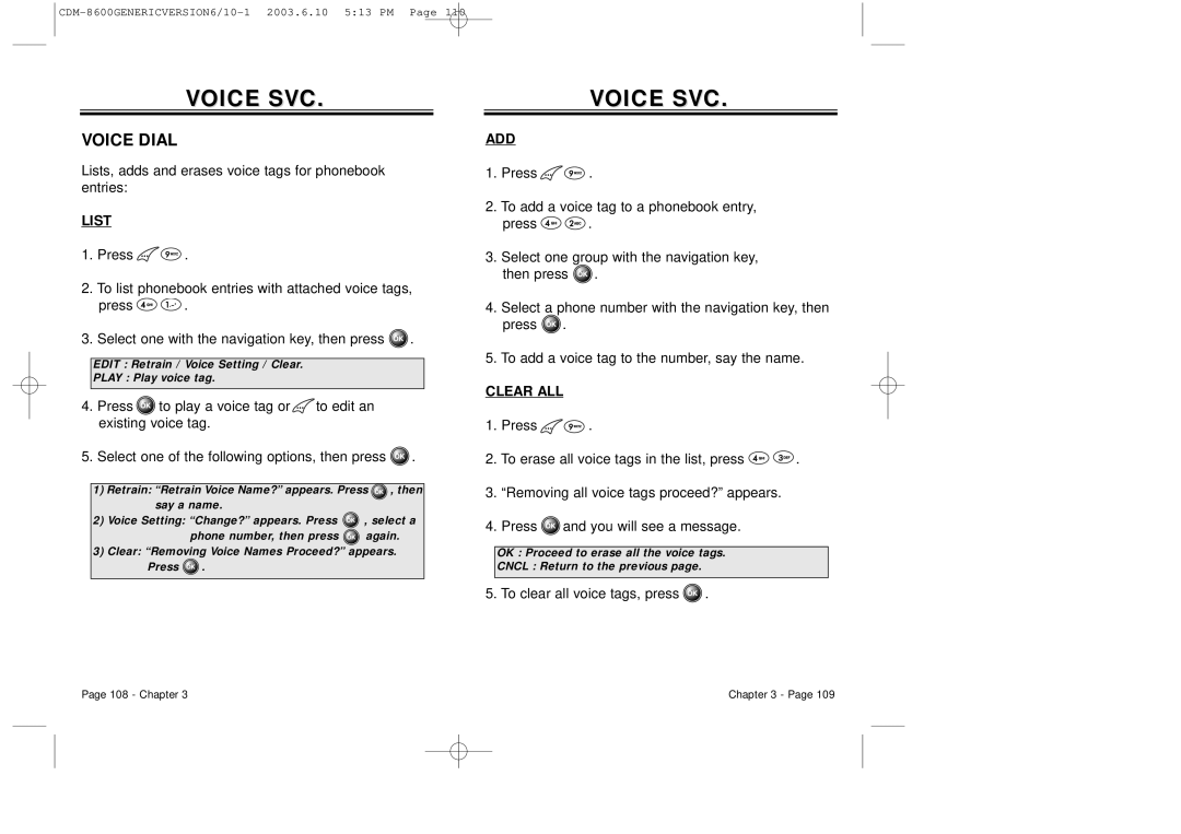 Audiovox CDM8600 owner manual Voice Dial, List, Add, Clear ALL 