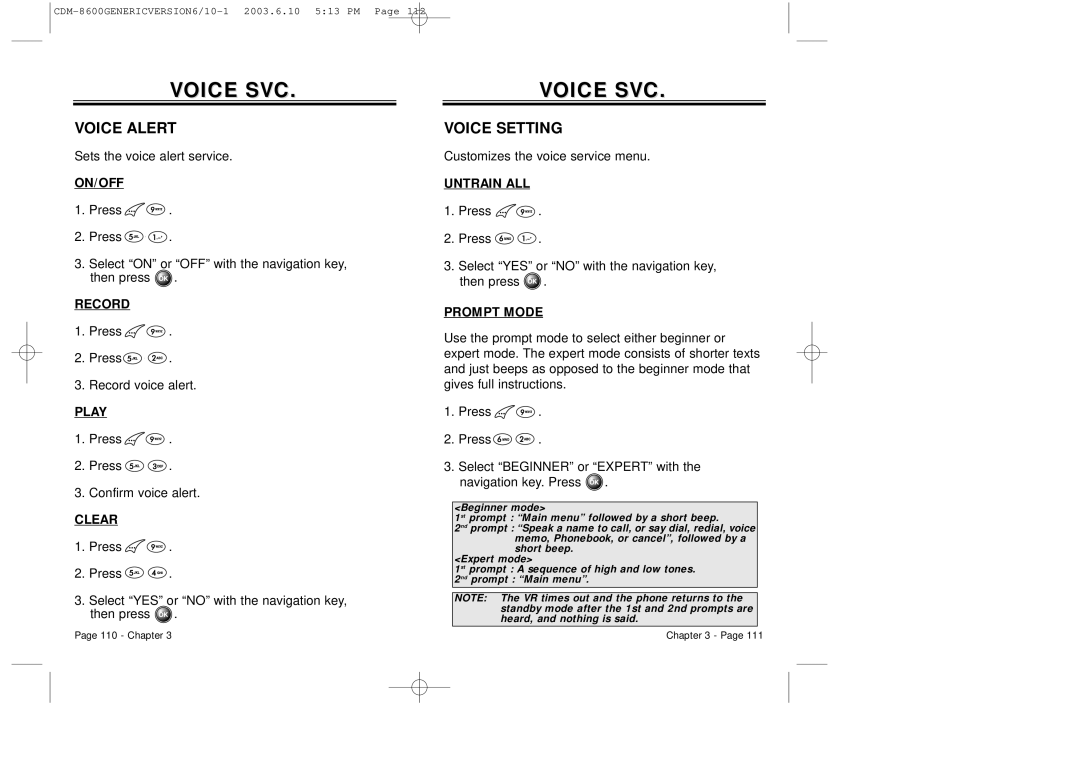 Audiovox CDM8600 owner manual Voice Alert, Voice Setting 