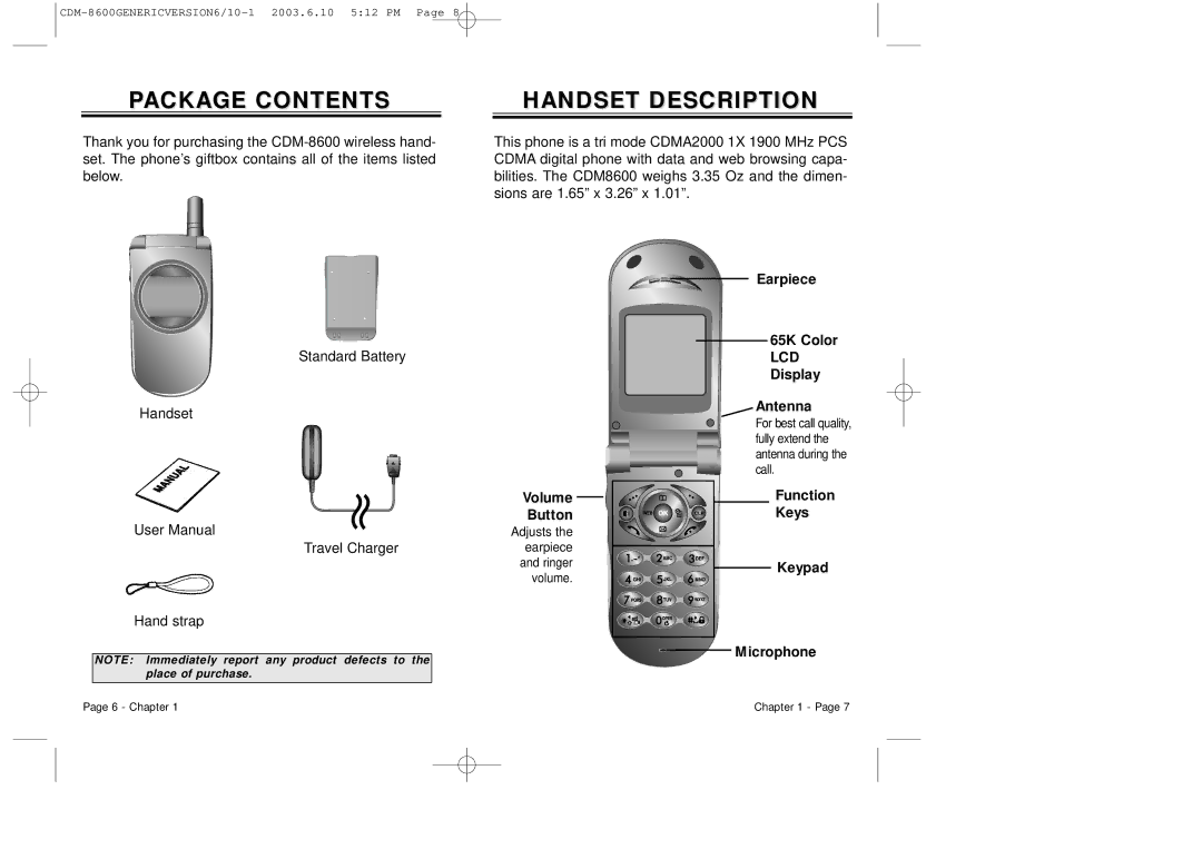 Audiovox CDM8600 owner manual Package Contents, Handset Description 