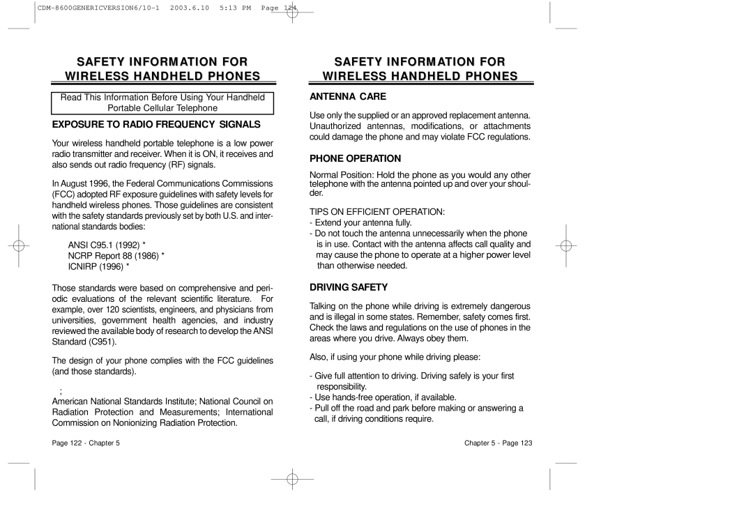 Audiovox CDM8600 owner manual Safety Information for Wireless Handheld Phones 