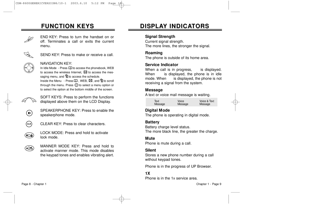 Audiovox CDM8600 owner manual Function Keys, Display Indicators 