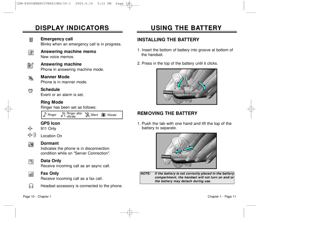 Audiovox CDM8600 owner manual Using the Battery, Installing the Battery, Removing the Battery 