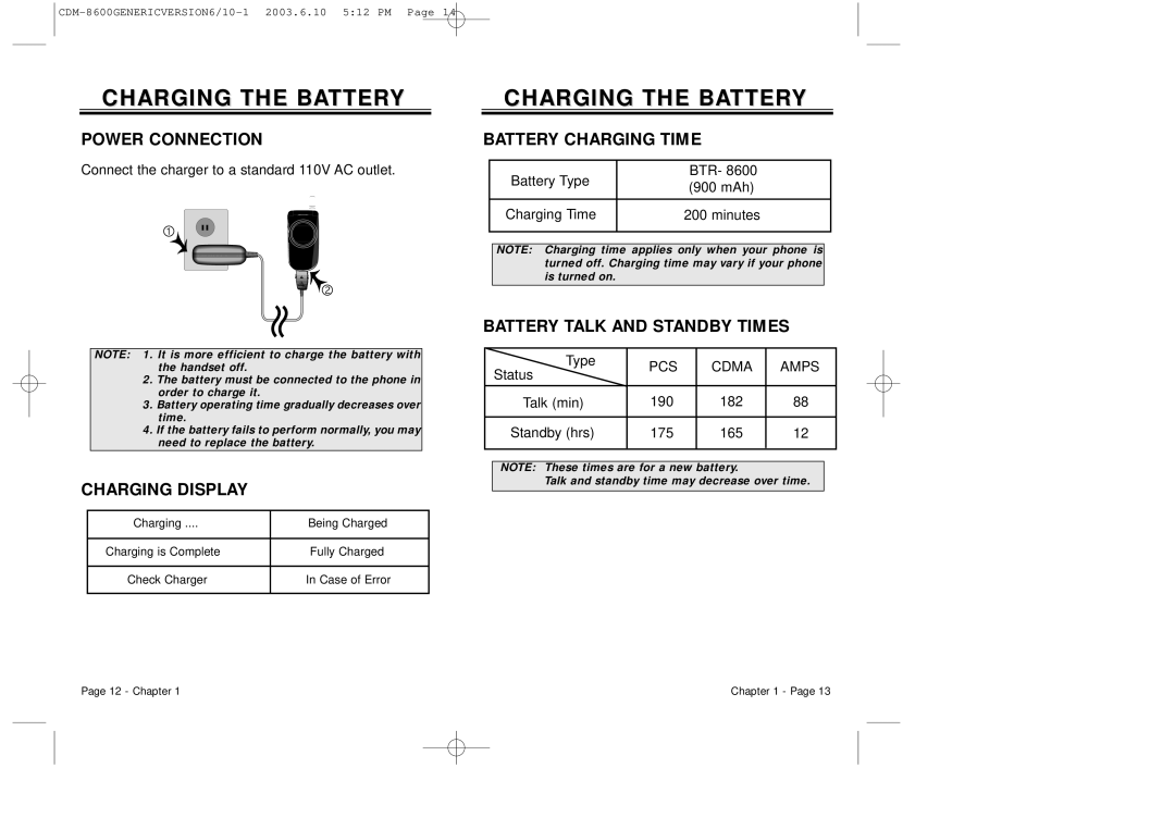 Audiovox CDM8600 owner manual Charging the Battery, Power Connection, Charging Display, Battery Charging Time 