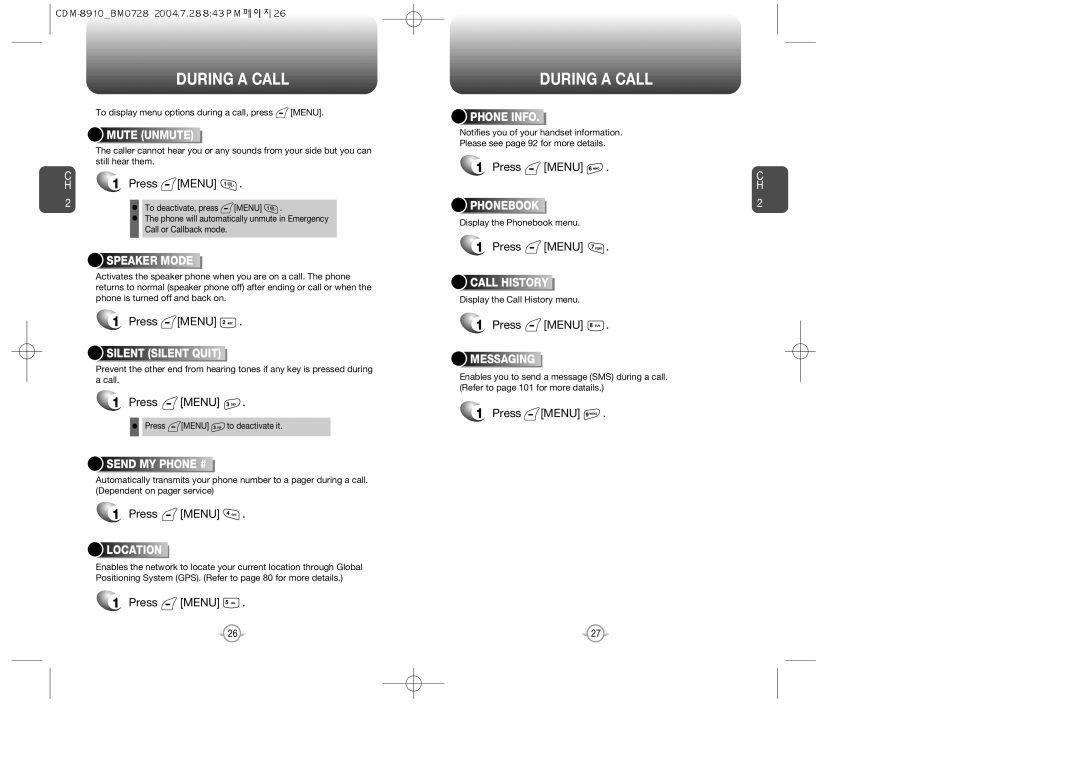 Audiovox CDM8910 manual During a Call, Press Menu 