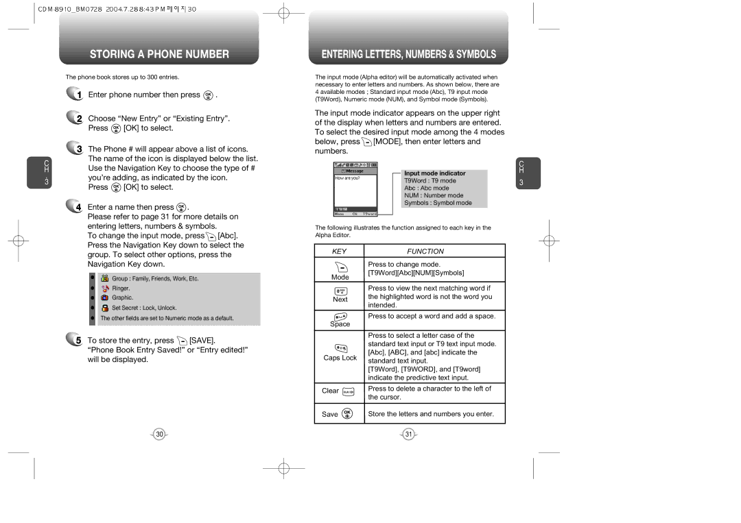 Audiovox CDM8910 manual Storing a Phone Number, Group. To select other options, press, Navigation Key down 