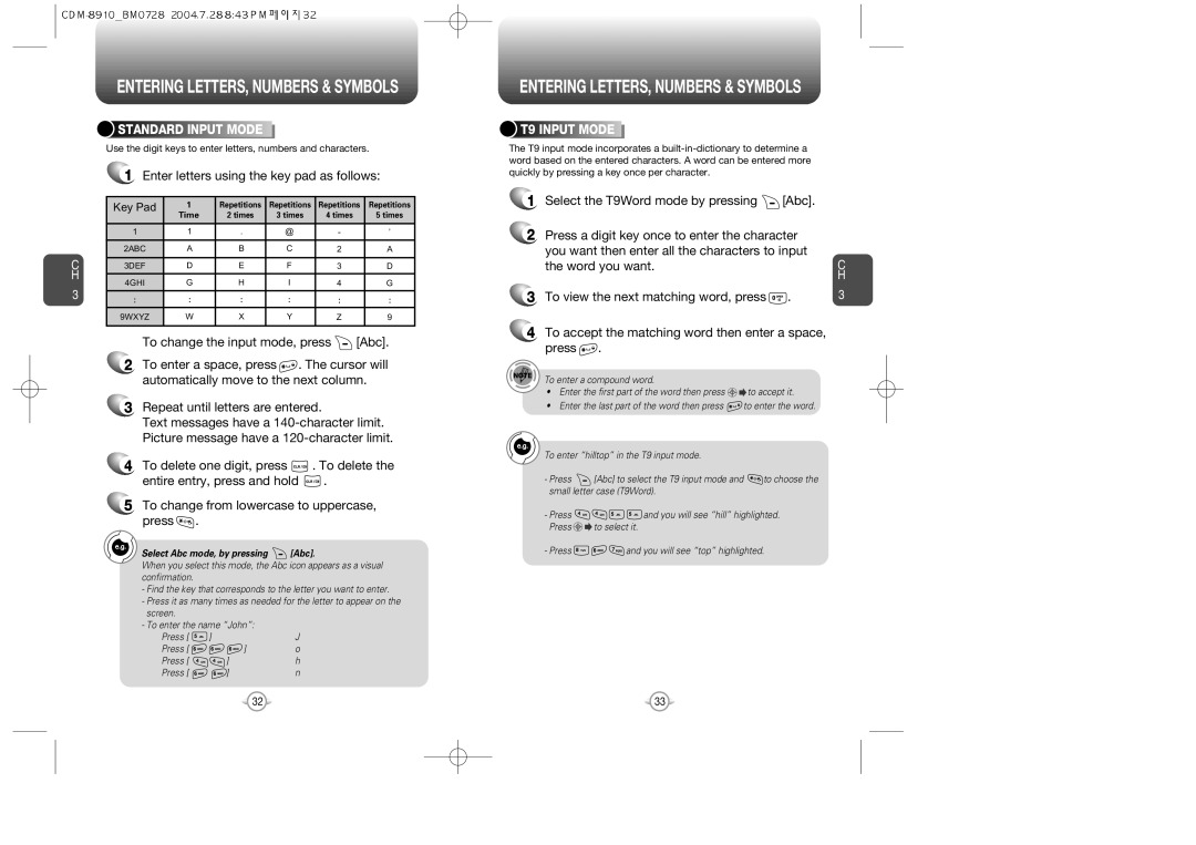 Audiovox CDM8910 manual Enter letters using the key pad as follows, To accept the matching word then enter a space, press 