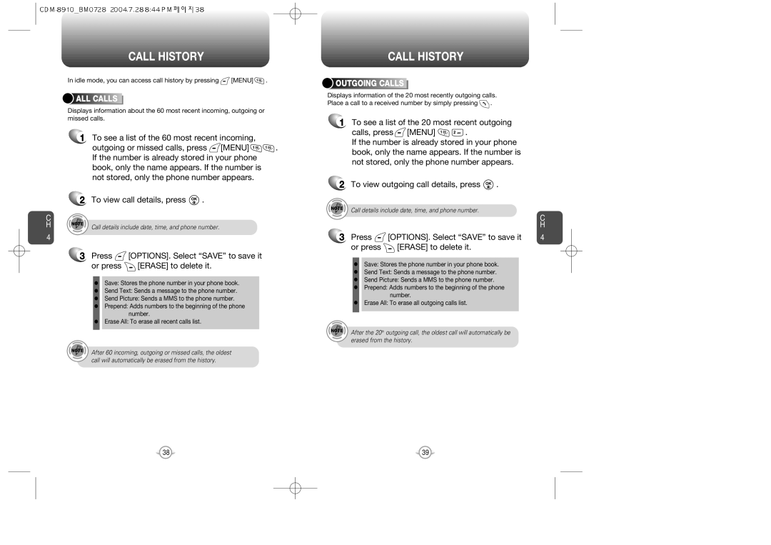 Audiovox CDM8910 manual Call History, To see a list of the 60 most recent incoming, To view call details, press, ALL Calls 