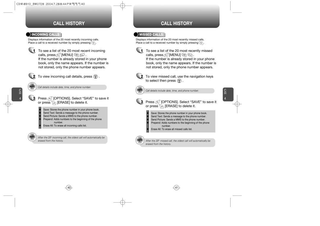 Audiovox CDM8910 manual Incoming Calls, Missed Calls 