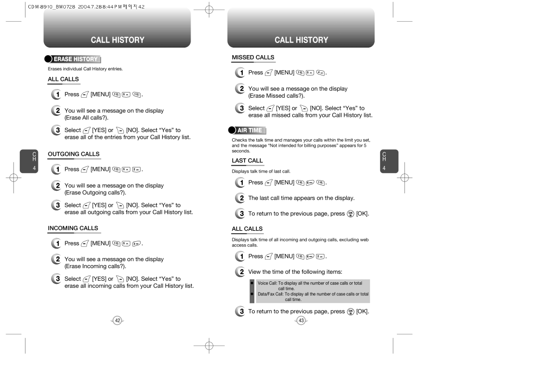 Audiovox CDM8910 manual ALL Calls, Outgoing Calls, Incoming Calls, Missed Calls, Last Call 