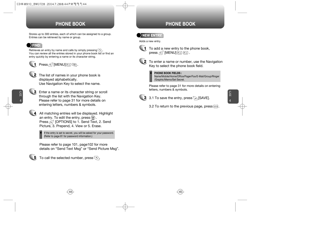 Audiovox CDM8910 manual Phone Book, To return to the previous page, press, Find, NEW Entry 