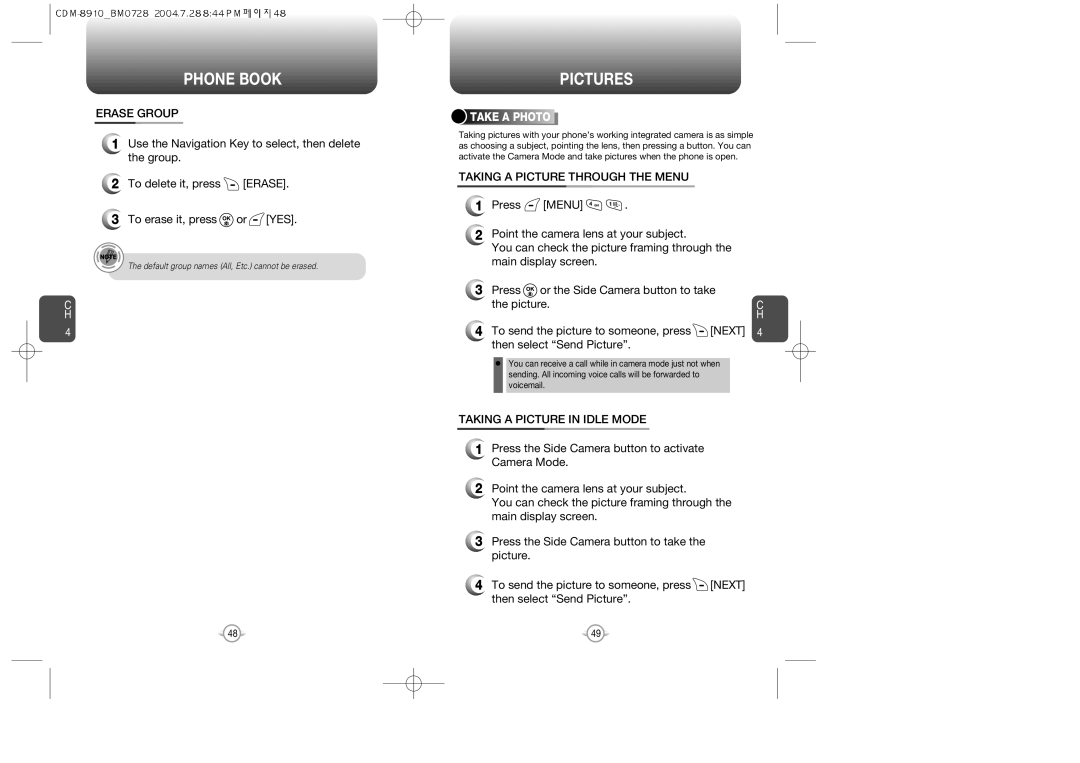 Audiovox CDM8910 Pictures, Erase Group, Taking a Picture Through the Menu, Taking a Picture in Idle Mode, Take a Photo 