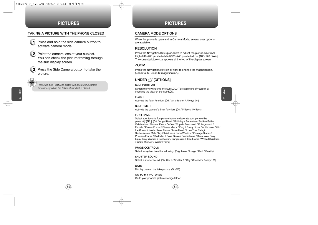 Audiovox CDM8910 manual Taking a Picture with the Phone Closed, Camera Mode Options, Resolution, Zoom, Under Options 