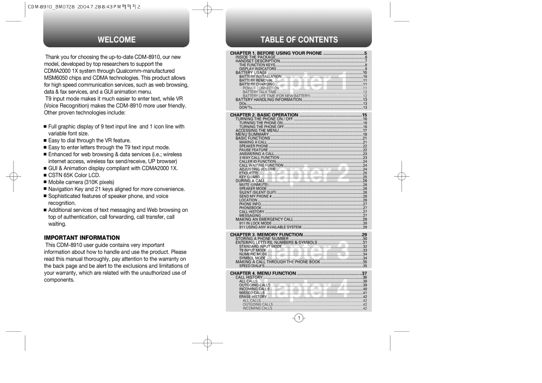 Audiovox CDM8910 manual Welcome, Table of Contents 