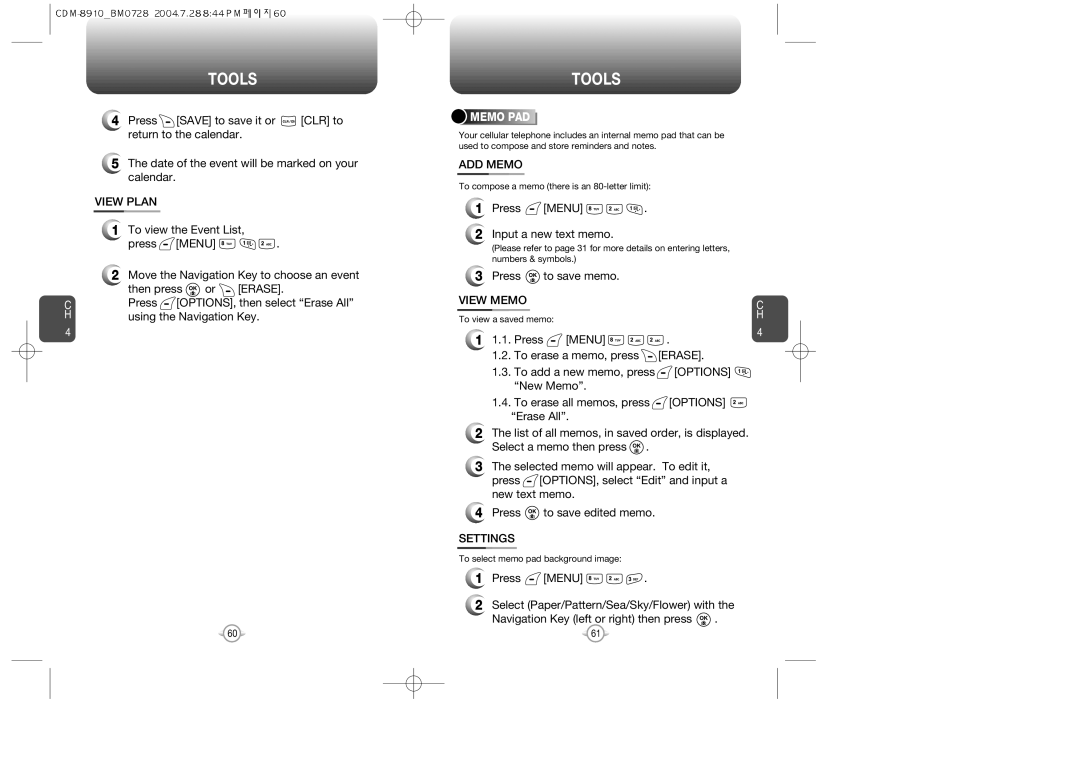 Audiovox CDM8910 manual View Plan, ADD Memo, View Memo, Menu, Erase, Settings 