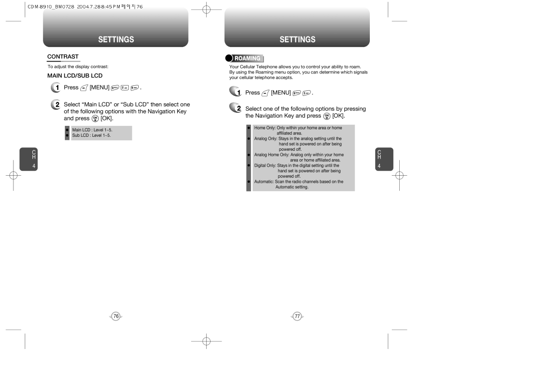 Audiovox CDM8910 manual Contrast, Main LCD/SUB LCD, Roaming 