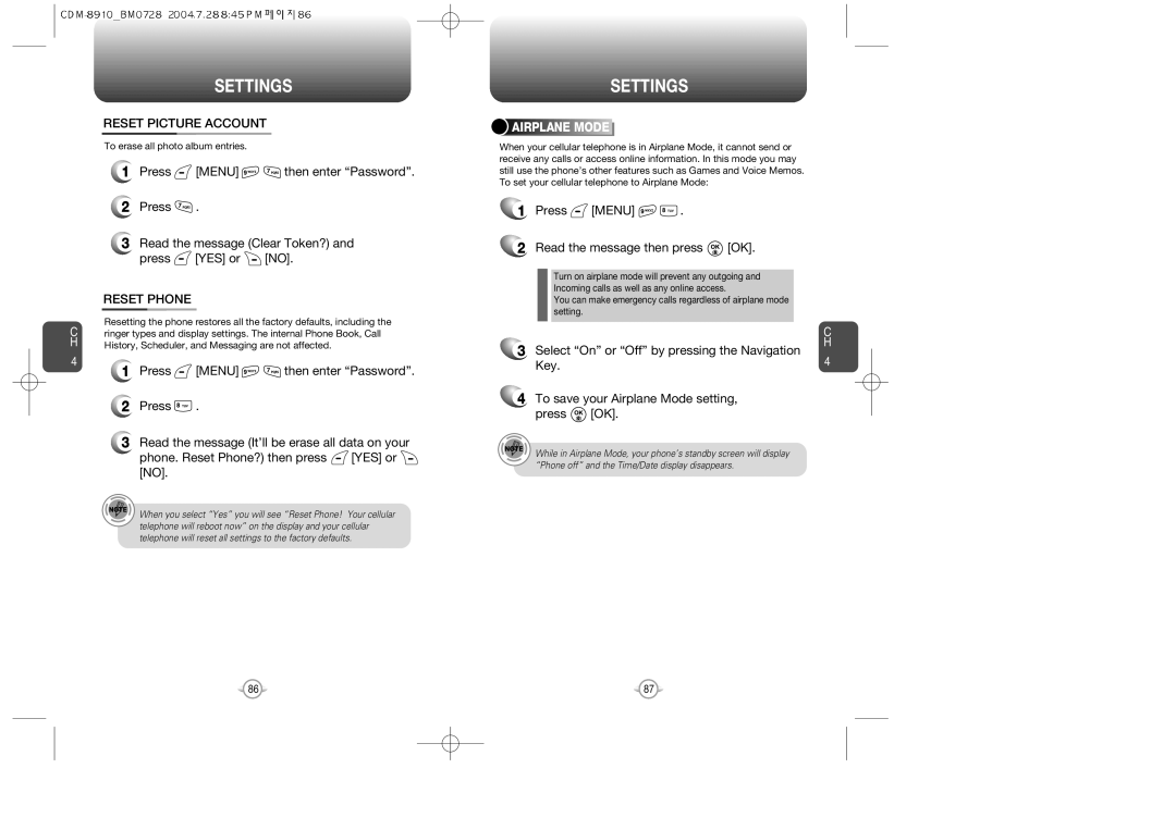 Audiovox CDM8910 manual Reset Picture Account, Reset Phone, Airplane Mode 