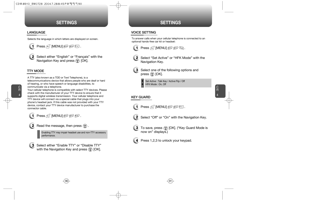 Audiovox CDM8910 manual Language, TTY Mode, Voice Setting, KEY Guard, Press Menu Read the message, then press 