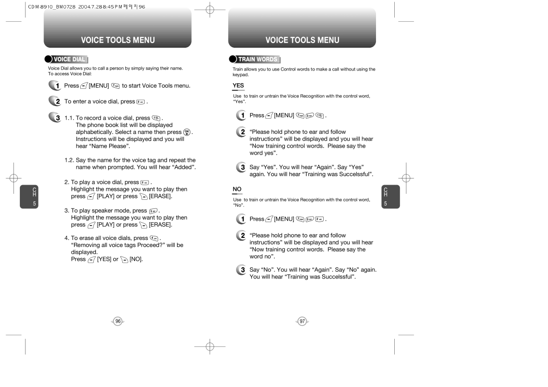 Audiovox CDM8910 manual Yes, Voice Dial, Train Words 