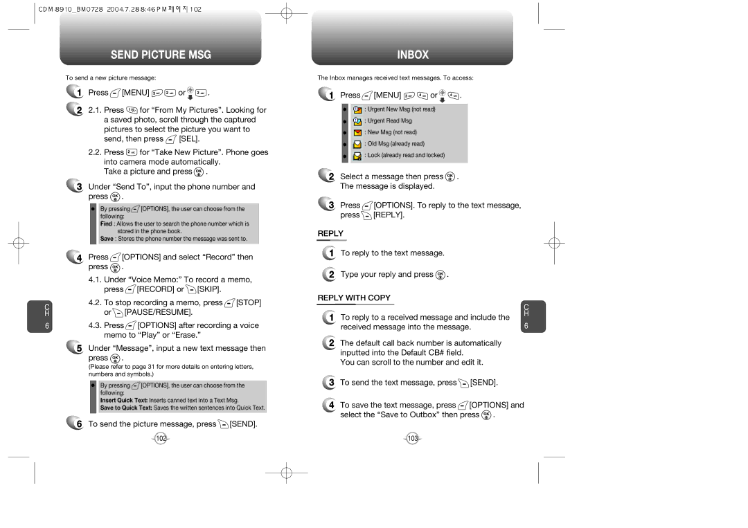 Audiovox CDM8910 manual Send Picture MSG, Inbox, Reply with Copy 