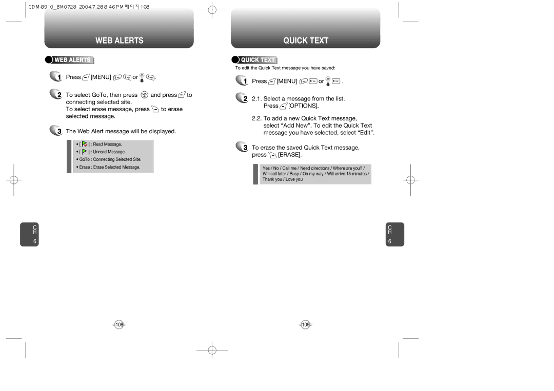 Audiovox CDM8910 manual WEB Alerts, Quick Text 