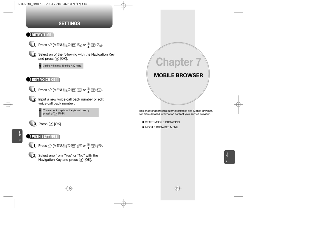 Audiovox CDM8910 manual Retry Time, Edit Voice CB#, Push Settings 