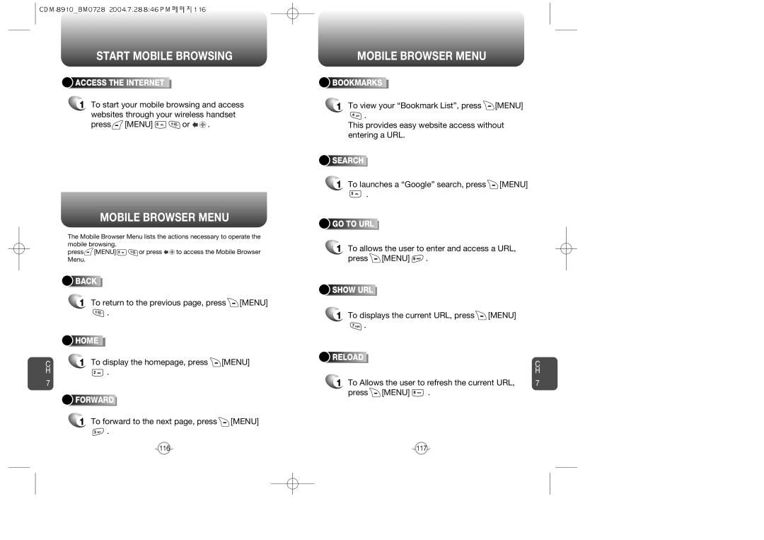 Audiovox CDM8910 manual Start Mobile Browsing, Mobile Browser Menu, To return to the previous page, press Menu 