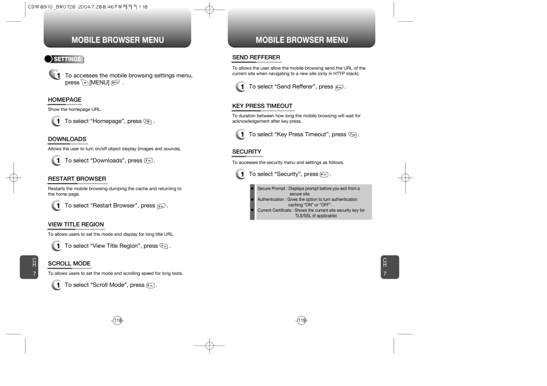 Audiovox CDM8910 Homepage, Downloads, Restart Browser, View Title Region, Scroll Mode, Send Refferer, KEY Press Timeout 