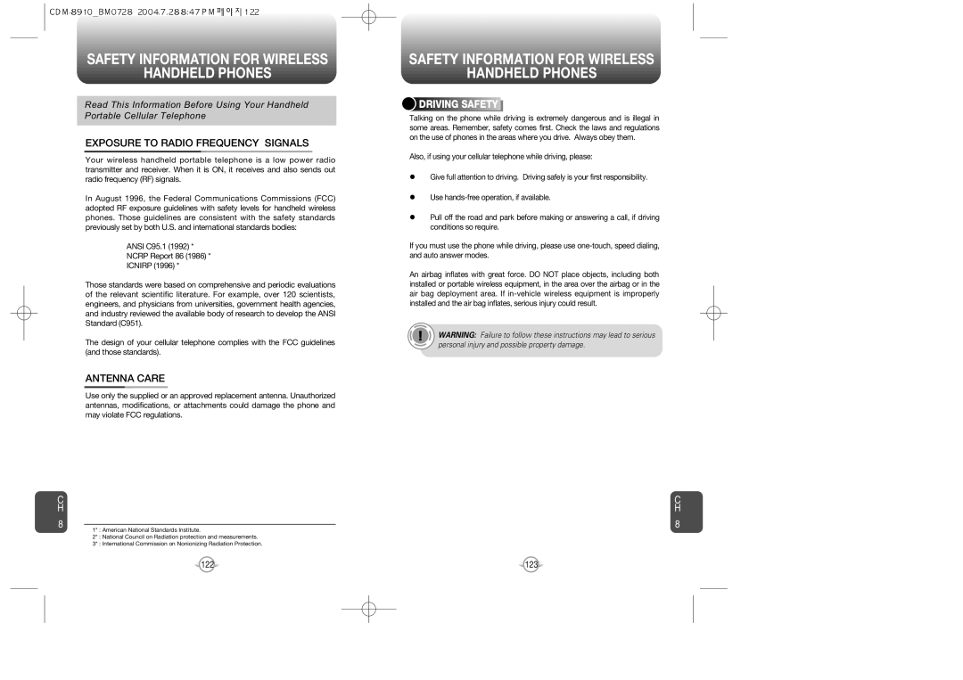 Audiovox CDM8910 manual Safety Information for Wireless Handheld Phones, Exposure to Radio Frequency Signals, Antenna Care 