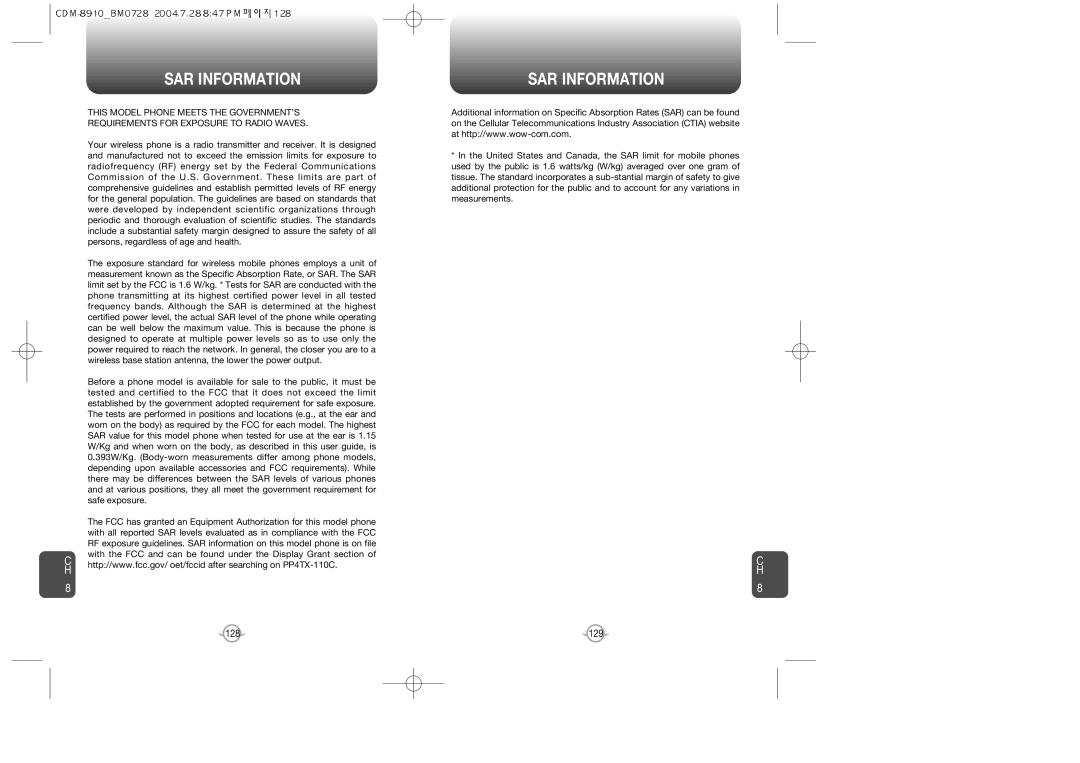 Audiovox CDM8910 manual SAR Information 