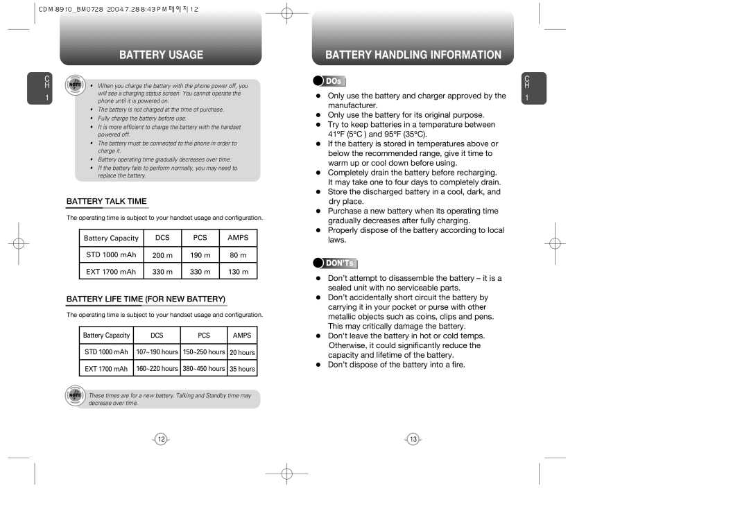 Audiovox CDM8910 manual Battery Handling Information, Battery Talk Time, Battery Life Time for NEW Battery, DOs, DON’Ts 