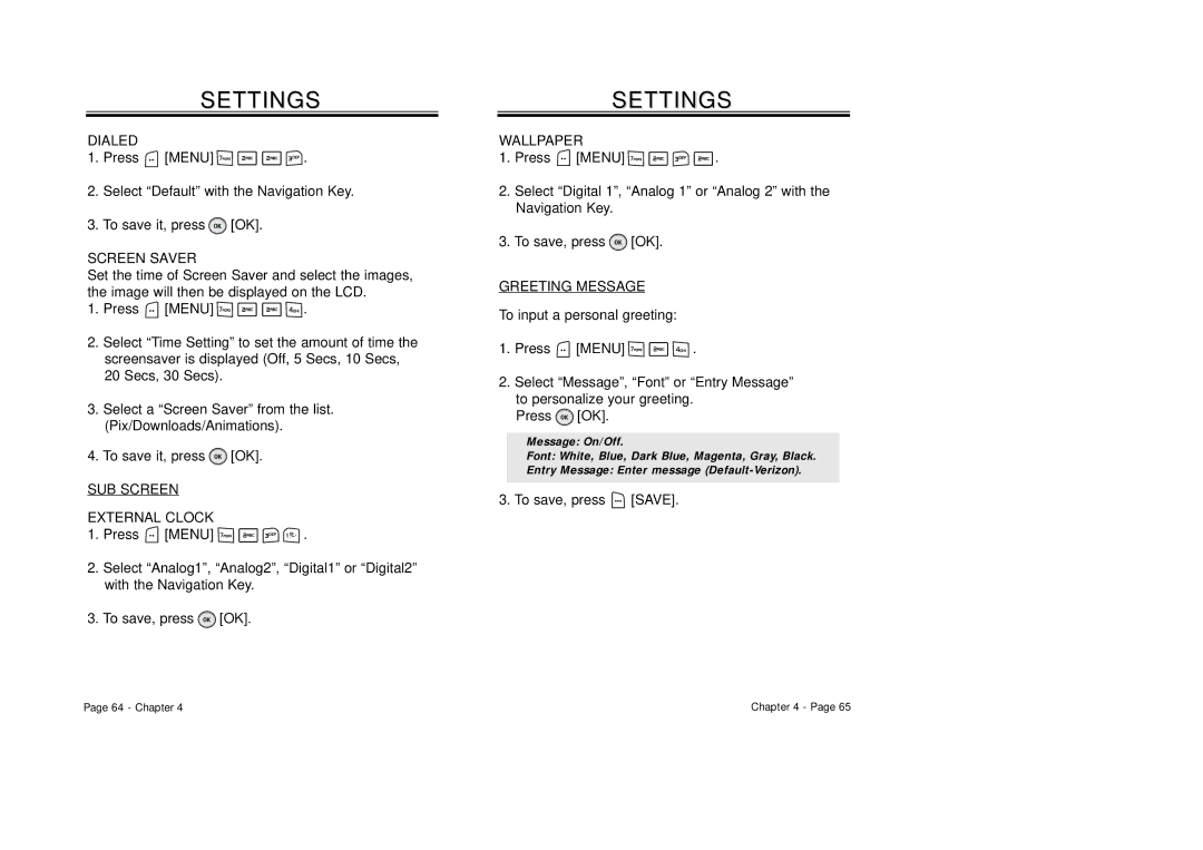 Audiovox CDM8940 manual Dialed, Screen Saver, SUB Screen External Clock, Greeting Message, To save, press Save 