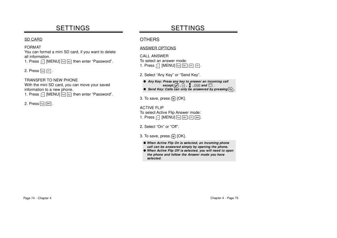 Audiovox CDM8940 manual Others, SD Card Format, Transfer to NEW Phone, Answer Options Call Answer, Active Flip 
